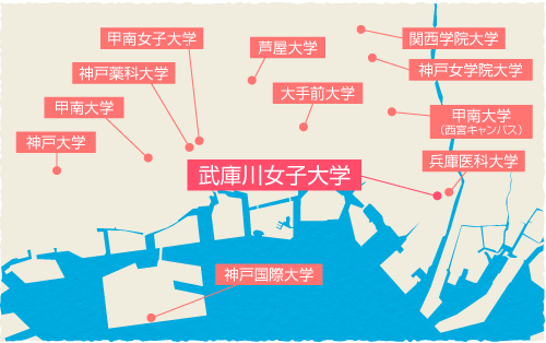 西宮市及び隣接する芦屋市や神戸市東灘区・灘区といった地域は、大学のキャンパスが非常に多く、文教エリア、あるいは「学生の街」